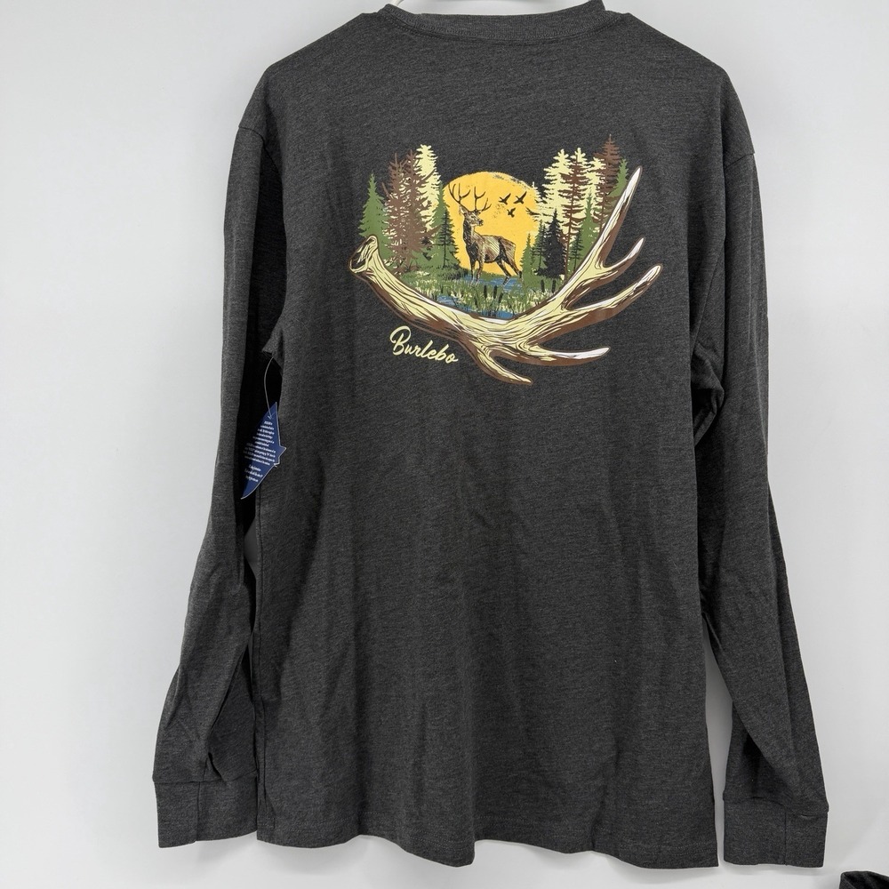 NWT Burlebo T-Shirt Mens L Charcoal Gray Long‎ Sleeve Crew Deer Hunting Pocket